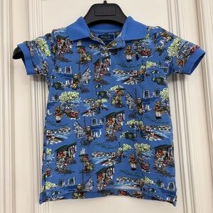 Polo Ralph Lauren Blue Teddy Bear In Paris France Print Youth 5T Collared Shirt